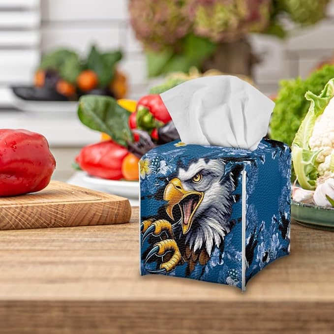 Eagle Blue Flowers Tissue Box Holder, PU Leather Square Napkin Cover - Image 5