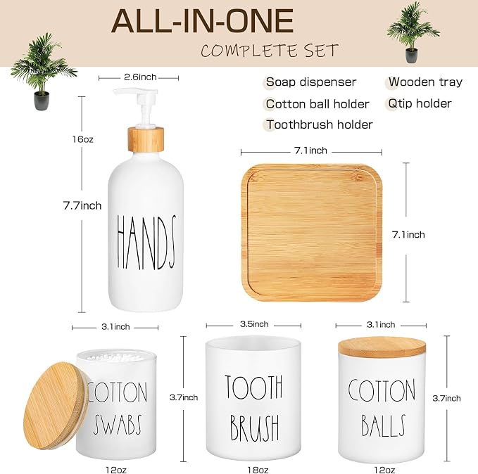White Bathroom Accessories, Soap Dispenser and Toothbrush Holder Set, Qtip and - Image 2