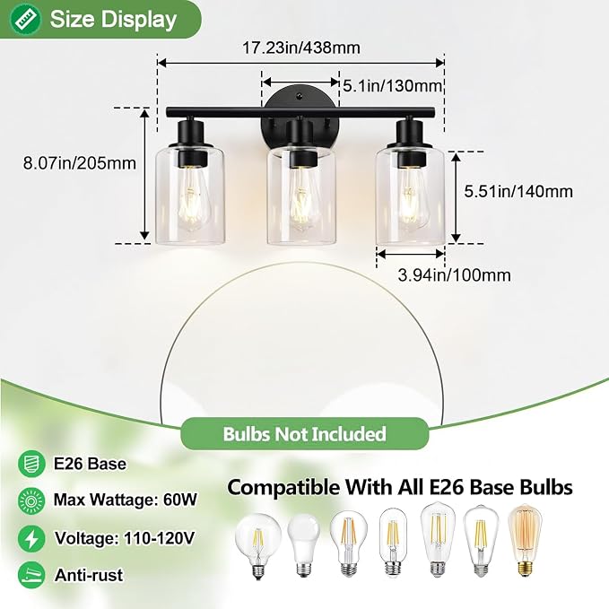 3-Light Bathroom Light Fixtures, 17.23" Black Modern Vanity Lights - Image 7