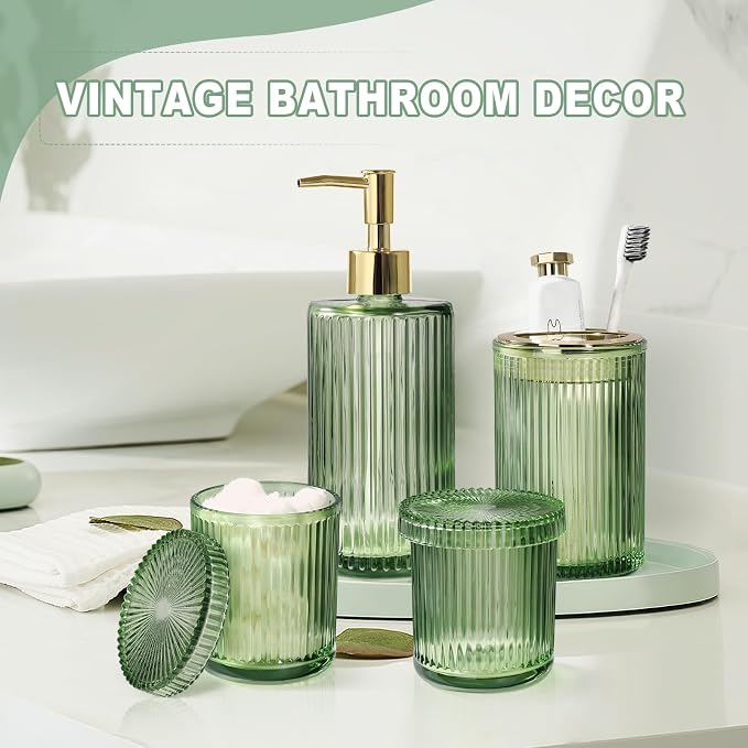 Green Glass Bathroom Accessories 4 Pcs, Soap Dispenser and Toothbrush Holder Set - Image 7