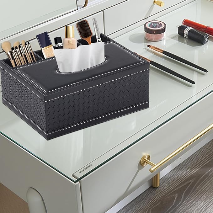 Tissue Box Cover Rectangle Black Tissue Box Holder PU Leather Facial Tissue - Image 6