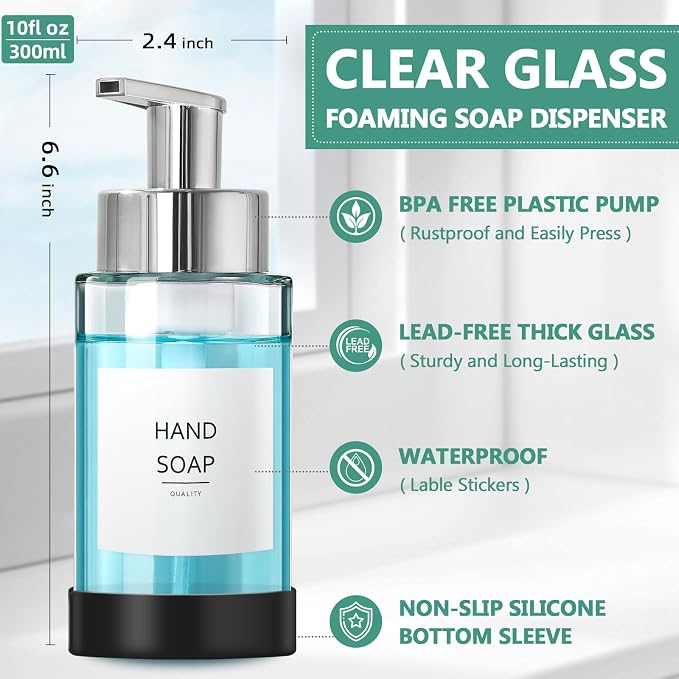 Glass Soap Dispenser, 10 oz/300ml Foaming Soap Dispenser, 2 Pack Foaming Hand - Image 3