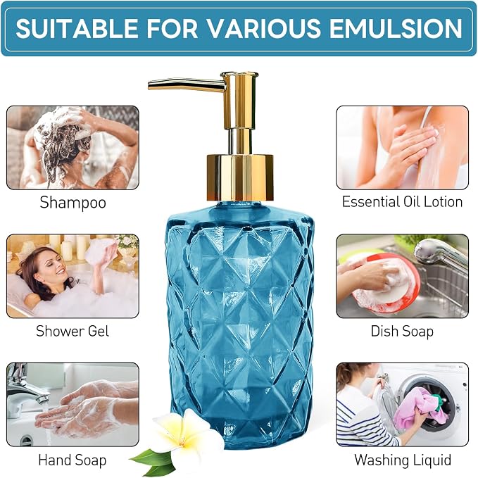 Blue Glass Soap Dispenser, Bathroom Shower & Shampoo Dispenser, Foam Hand Soap - Image 7