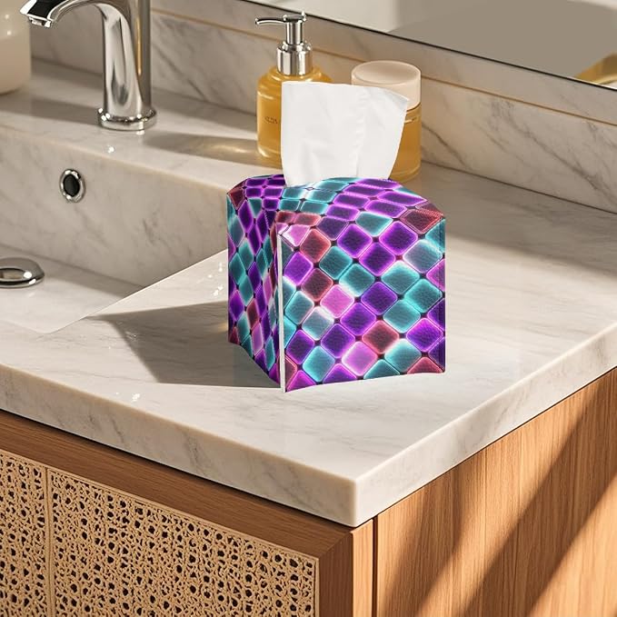 Neon Tissue Box Cover Colorful Rainbow Tiles Purple Blue Pink Leather Tissue - Image 5