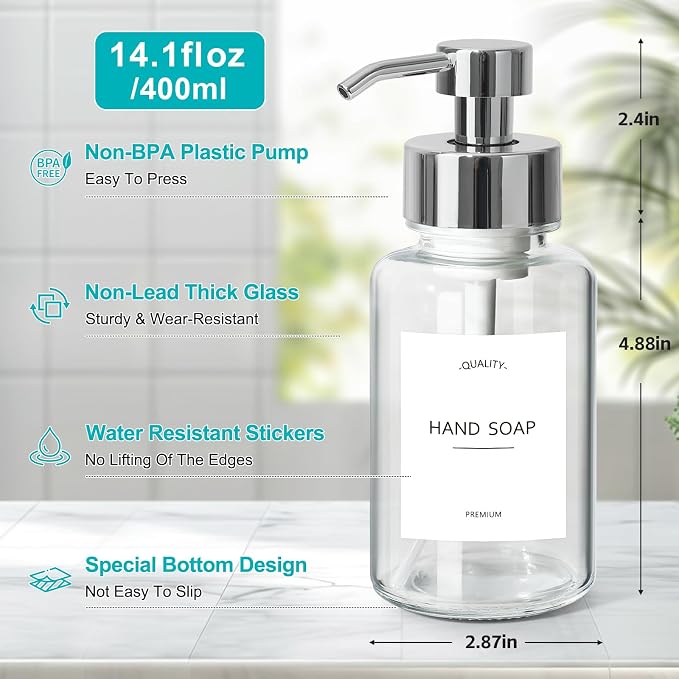Foaming Soap Dispenser, 14.1 oz/400ml Foaming Hand Soap Dispenser, 2 Pack Glass - Image 2