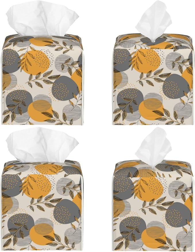 Boho Abstract Leaves Tissue Box Cover Square, Linear Boho Leaves and Geometric - Image 2