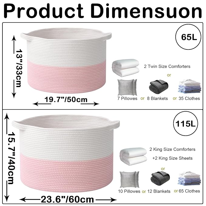 65L Large Blanket Basket, 19.7" L x 19.7" W x 13" H Rope Woven Baskets - Image 2