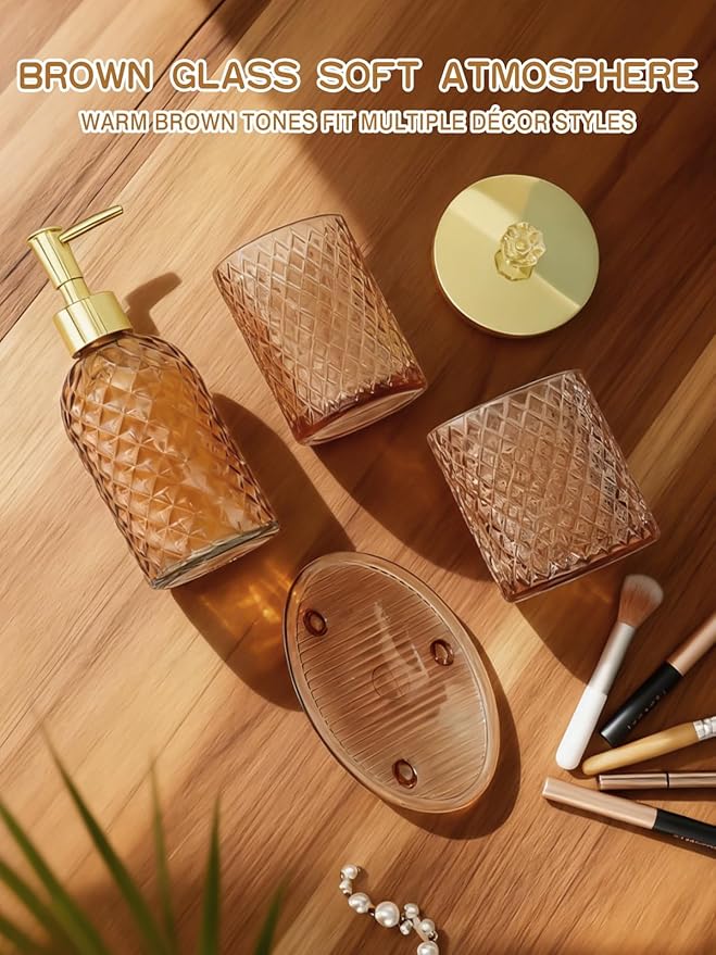 Haturi Amber Brown Bathroom Accessories Set, Toothbrush Holder, Qtip Holder - Image 5