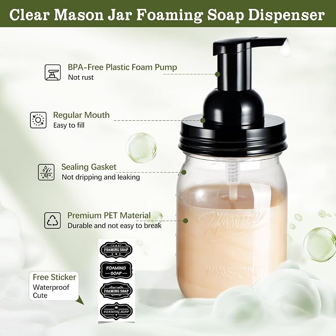 Amolliar Plastic Mason Jar Foaming Soap Dispenser - Image 2