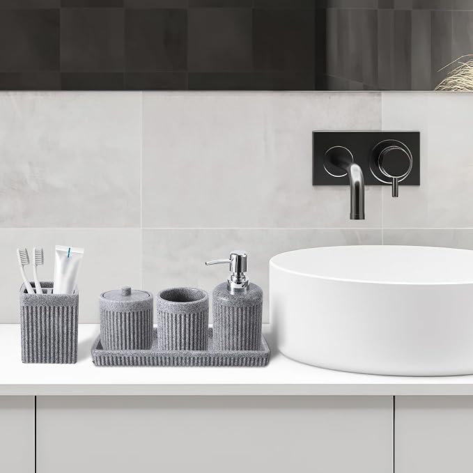 Resin Grey Bathroom Accessories Set 5 Pcs, Lotion Soap Dispenser, Toothbrush - Image 8