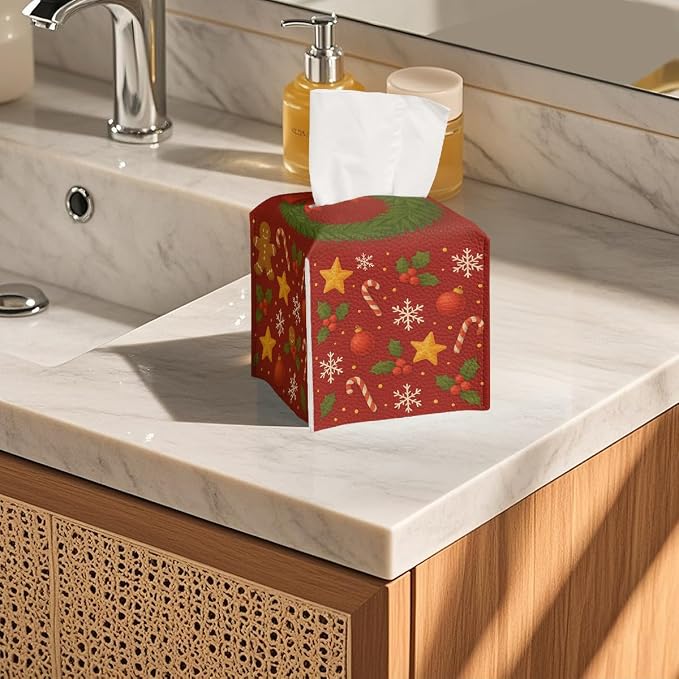 Christmas Tissue Box Cover Funny Cartoon Cute Red Xmas Holly Leather Tissue Box - Image 5