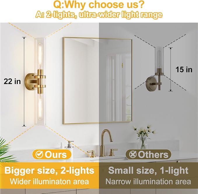 Brushed Gold Wall Sconces, Hardwired Bathroom Sconces Wall Lighting - Image 3