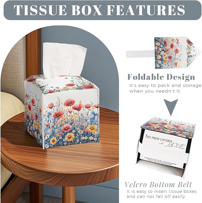Flower Tissue Box Cover Red Poppy Daisy Wild Garden Watercolor Leather Tissue - Image 2