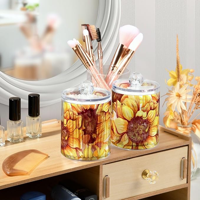2 Pack Qtip Holder Dispenser for Cotton Ball Sunflowers Floral Cotton Swab - Image 2