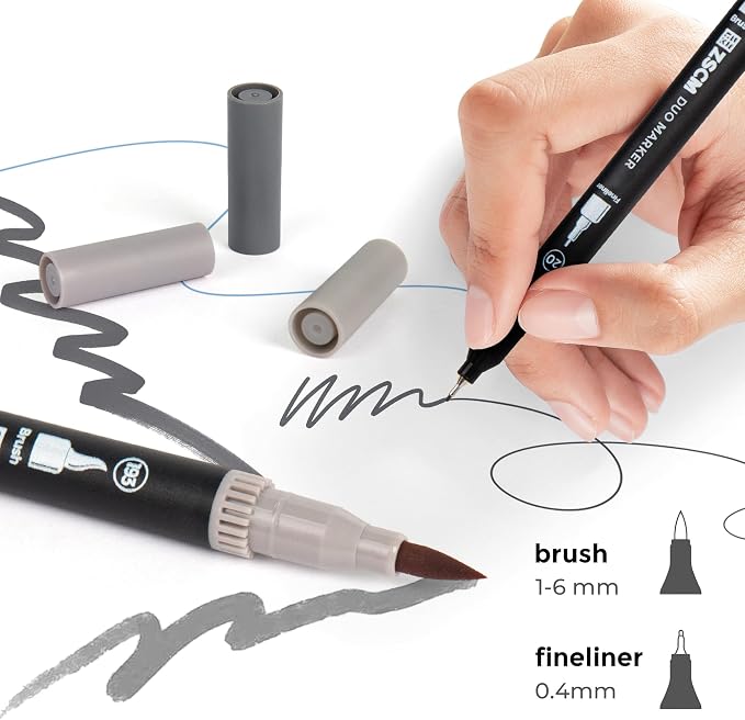 Gray Duo Tip Marker Pens, 12 Pack Fine & Brush Markers - Image 2