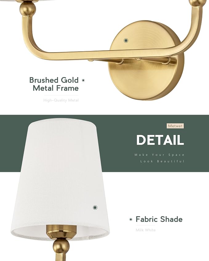 2-Light Bathroom Light Fixtures, Brushed Gold Vanity Lights, Double Wall Sconce - Image 5