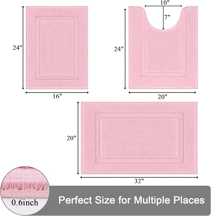 SHACOS Pink Bathroom Rugs Sets 3 Piece, Soft Fluffy Water Absorbent Bath Rugs - Image 3