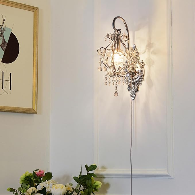 Silver Crystal Vintage Plug in Wall Sconces Set of 2 Indoor Wall Light Fixture - Image 8