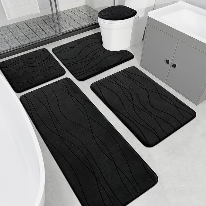 YIHOUSE Memory Foam Black Bathroom Rug Sets 5 Piece, Ultra Absorbent Bath Mat by YIHOUSE