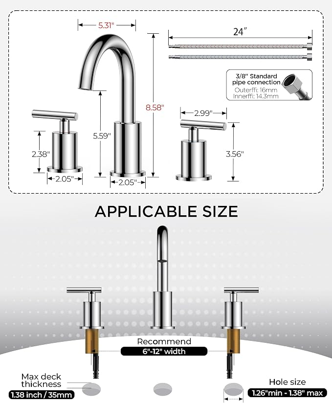 FORIOUS Chrome Bathroom Faucet 3 Hole, 8 Inch Widespread Bathroom Sink Faucet - Image 8
