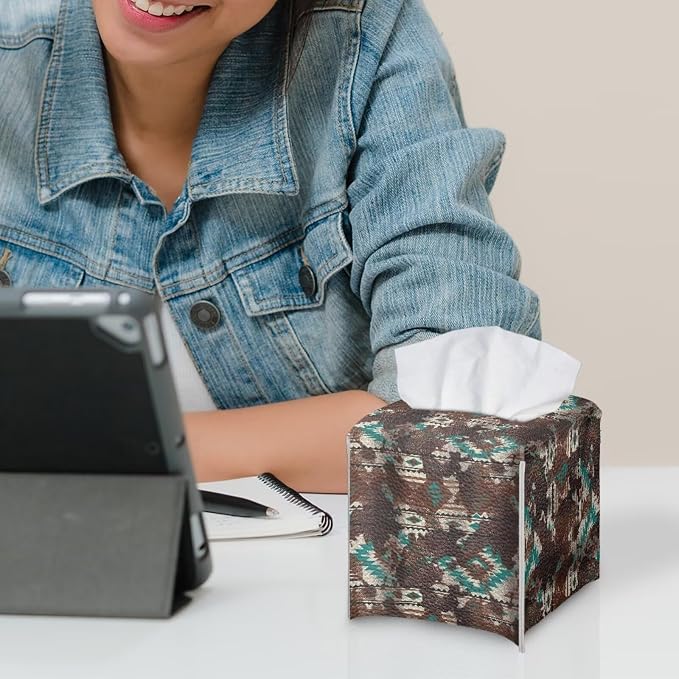 Aztec Cowhide Minimalist Tissue Box Holder, Square PU Leather Napkin Organizer - Image 6