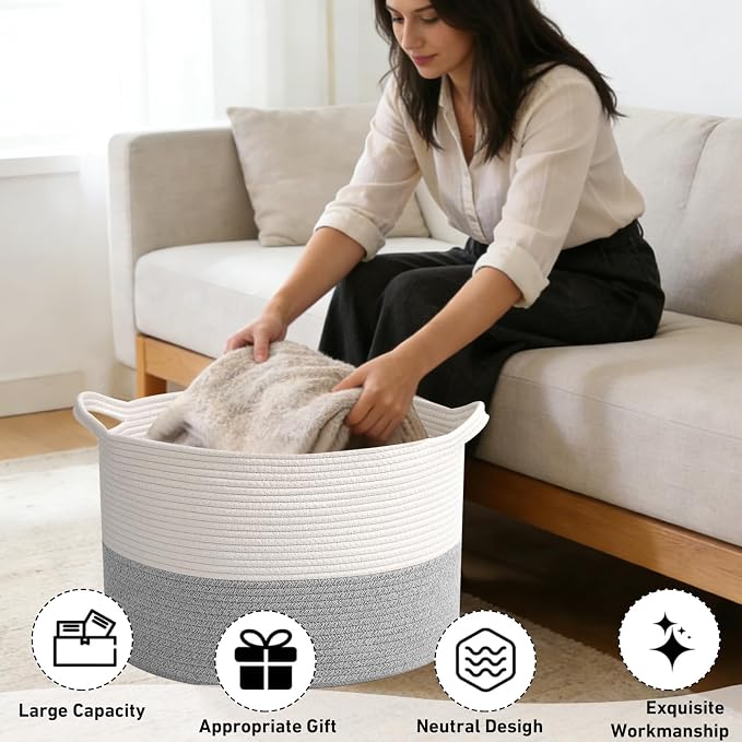 115L Large Blanket Basket, 23.6" L x 23.6" W x 15.7" H Rope Woven Baskets - Image 4