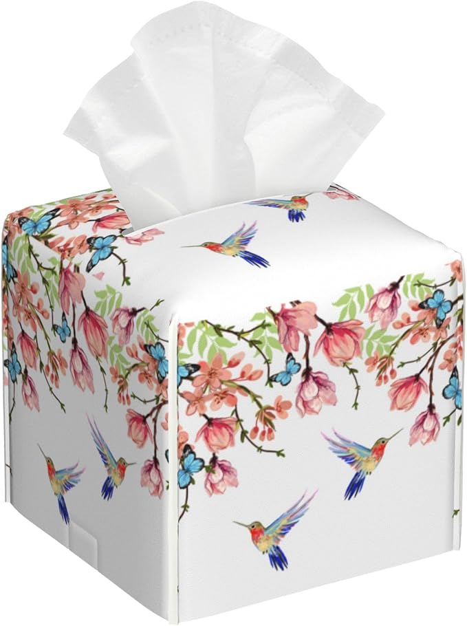 Hummingbird and Flowers Tissue Box Cover Square by sndheke