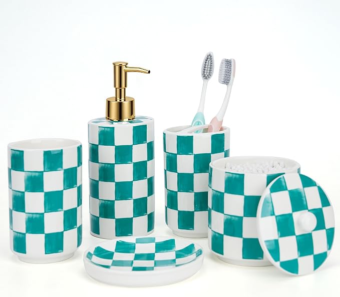 Ceramic Bathroom Soap Dispenser Set, Checkered Bathroom Vanity Set by Quuavio