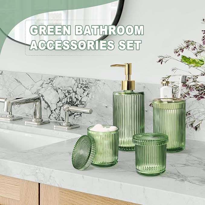 Green Glass Bathroom Accessories 4 Pcs, Soap Dispenser and Toothbrush Holder Set - Image 6
