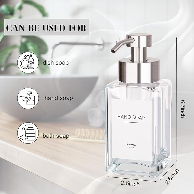 Foaming Soap Dispenser with Stainless Steel Pump, 12oz Refillable Glass Liquid - Image 3