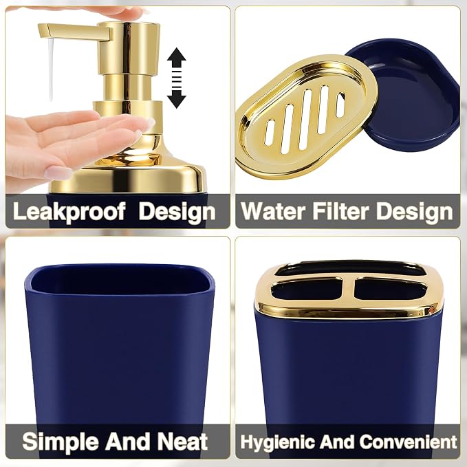 Navy Blue Bathroom Accessories Set 8 Piece Navy Blue and Gold Bathroom Set - Image 2