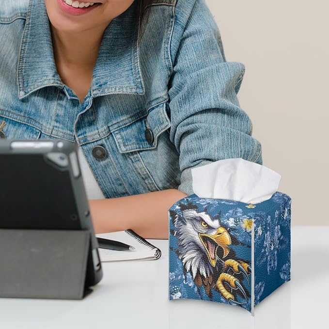 Eagle Blue Flowers Tissue Box Holder, PU Leather Square Napkin Cover - Image 6