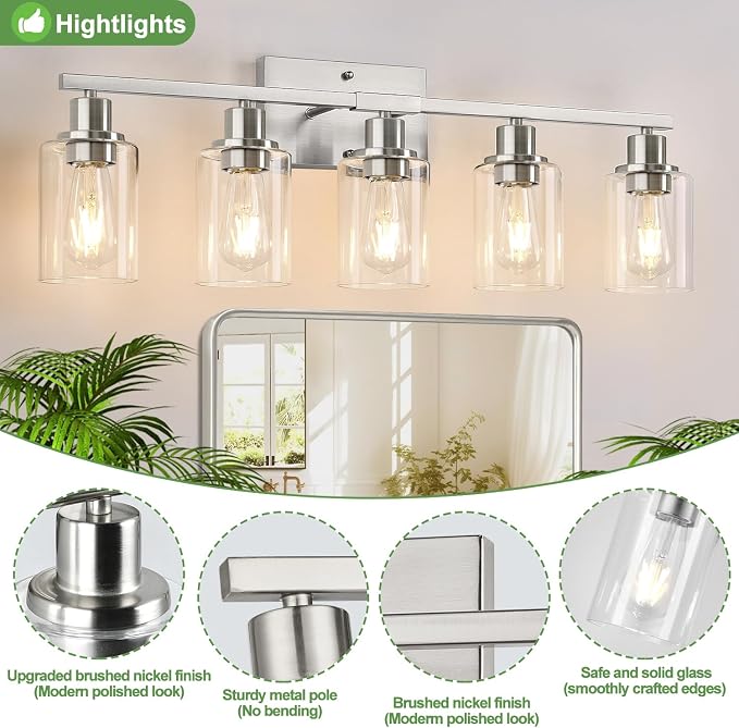 5-Light Bathroom Light Fixtures, Brushed Nickel Bathroom Vanity Light - Image 3
