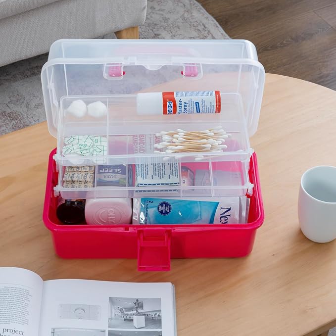 MyGift 13-Inch Dark Pink Plastic Craft Organizer and Storage Box – Clear - Image 4