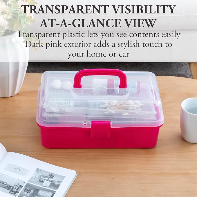 MyGift 13-Inch Dark Pink Plastic Craft Organizer and Storage Box – Clear - Image 3