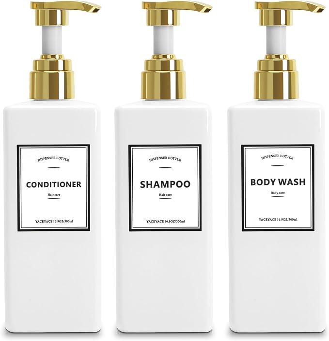 White With Gold Pump Shampoo Bottles Set of 3, 500ml Refillable Shower Dispenser by YACEYACE