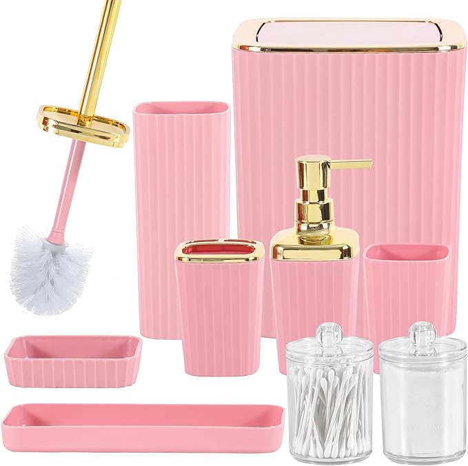 Bathroom Accessory Set, 9 Pieces Pink Bathroom Accessories Set by Viowil