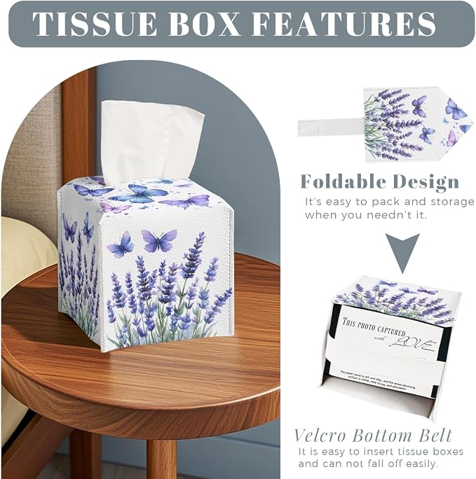 Butterfly Tissue Box Cover Purple Lavender Blossoms French Garden Leather - Image 2