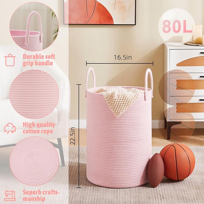 Laundry Basket, Woven Cotton Rope Laundry Hamper, 80L - Image 6