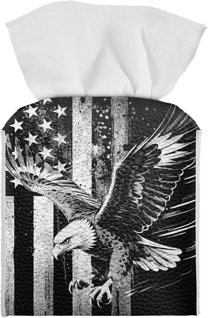 American Flag Eagle Portable Tissue Box Holder, Lightweight PU Leather Square by Pzuqiu
