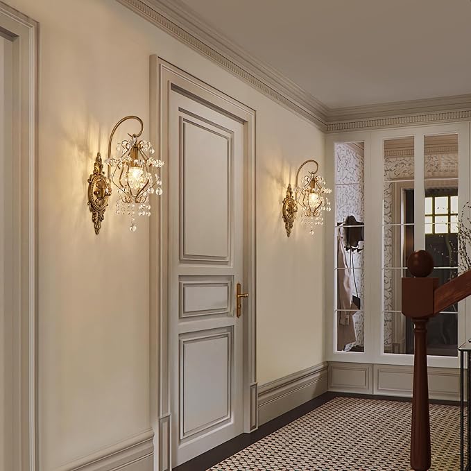 Gold Crystal Vintage Wall Sconces Set of 2 Indoor Hardwired Wall Light Fixture - Image 3