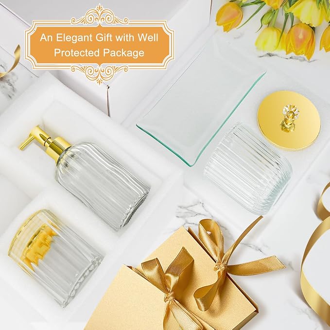 Gold Bathroom Accessories 4Pcs of Glass Bathroom Counter Organizer Set - Image 4