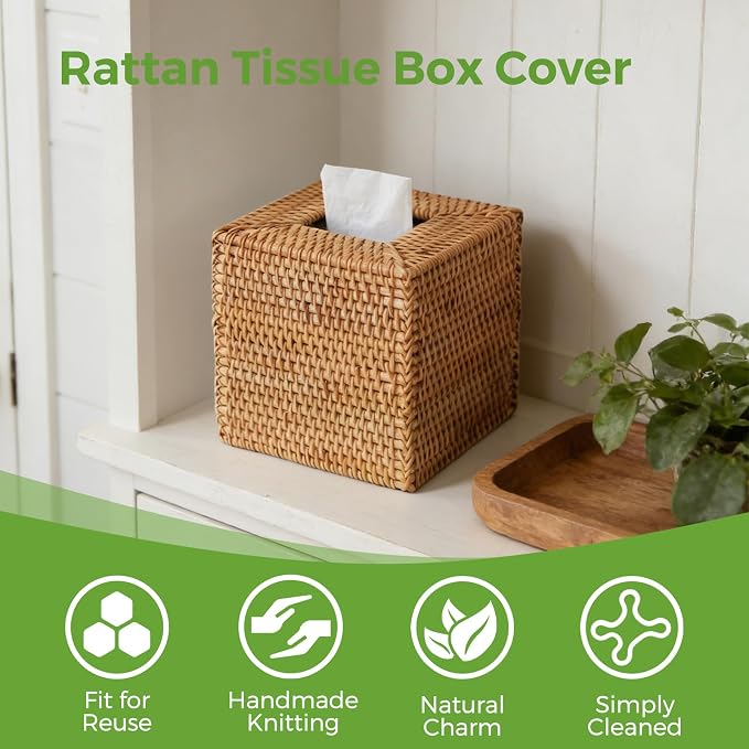 Natural Rattan Tissue Box Cover, Hand Woven Square Wicker Holder - Image 2