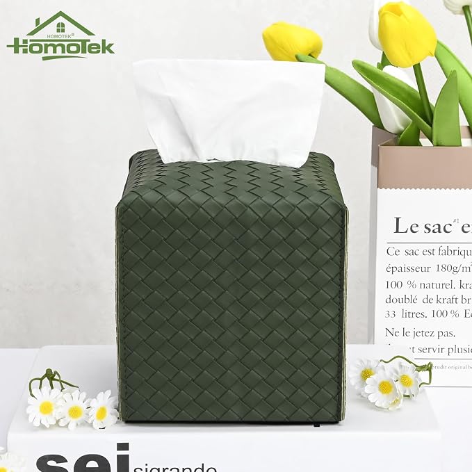HOMOTEK 2 Pack Tissue Box Cover, Square PU Leather Tissue Holder, Decorative - Image 6