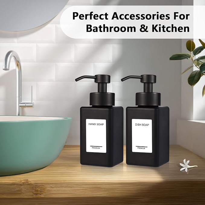 Black Foaming Hand Soap Dispenser 2 Pack, 12oz/350ml Glass Foaming Soap - Image 7