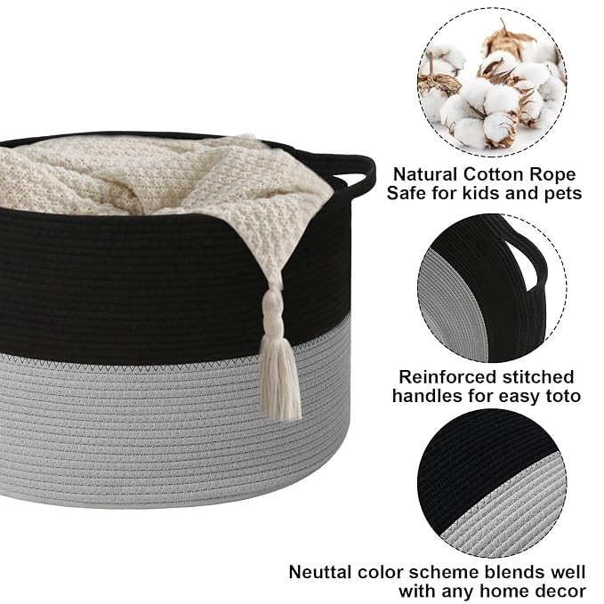 115L Large Blanket Basket, 23.6"L x 23.6"W x 15.7"H Rope Woven Baskets - Image 3