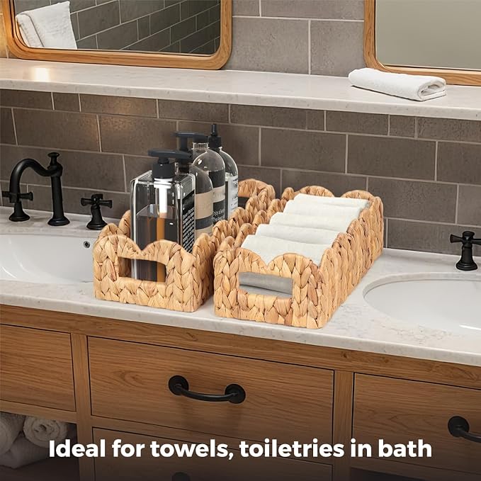 Handwoven Water Hyacinth Scalloped Countertop Storage Basket, Toilet Tank Basket - Image 8