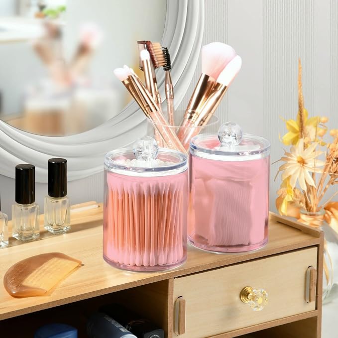 Pink Qtip Holder Organizer Dispenser Cotton Swabs Cans Plastic Jars - Image 6