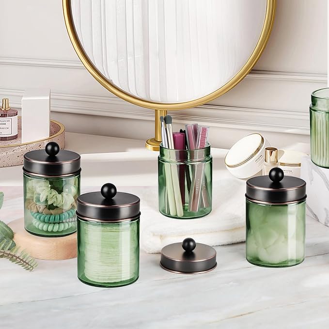Amolliar Sage Green Qtip Holder, Glass Apothecary Jar Metal Lid & Stickers - Image 5