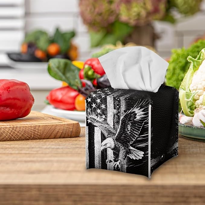 American Flag Eagle Portable Tissue Box Holder, Lightweight PU Leather Square - Image 5